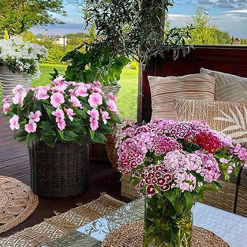2 Branches Artificial Impatiens Flowers Faux Impatiens Bushes Pink Silk Flowers Greenery Artificial Impatiens Bouquet for Outdoors Patio Lawn Garden Pot Hanging Basket Porch Decoration - color: Pink