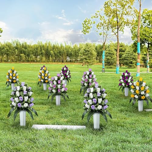 XONOR 2 Sets Artificial Cemetery Flowers, Grave Decorations Roses, Memorial Flowers Bouquet with Vase for Grave Cemetery Decoration (Light Purple&White) - color: Light Purple&white