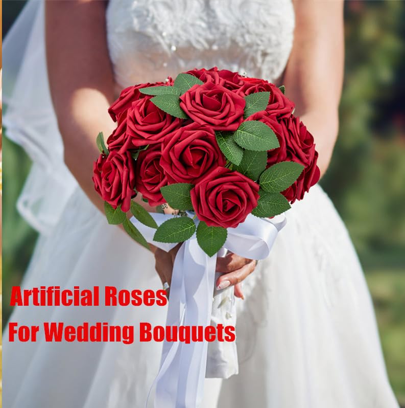 Cliselda 100Pcs Red Fake Roses Artificial Flowers with Stems, Valentine's Day Mothers, Real Touch Foam Rose Bulk Faux Flowers for Wedding Bouquets Centerpieces Flower Arrangement - color: Red