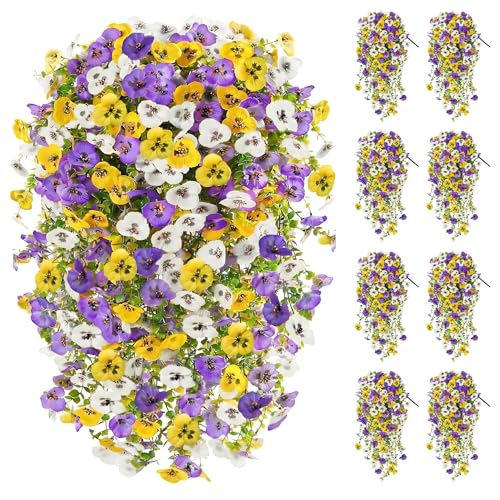 8PCS Faux Hanging Pansy Flowers for Outdoors,UV-Resistant Artificial Plants for Porch, Patio, Garden, Window Boxes, Spring & Summer Decor (Yellow Purple White) - color: Yellow Purple White