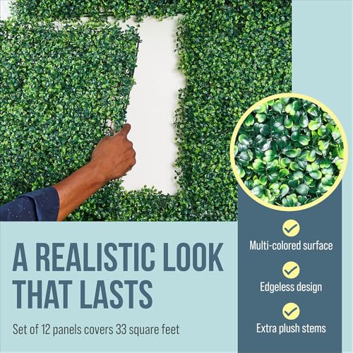 Grass Wall Backdrop, 12 Pcs 20”x20” Panels, Artificial Greenery Backdrop, Dense Leaves Privacy Hedge Screen for Indoor Outdoor Garden Fence Wedding Decor (Covers 33 Sq Ft)