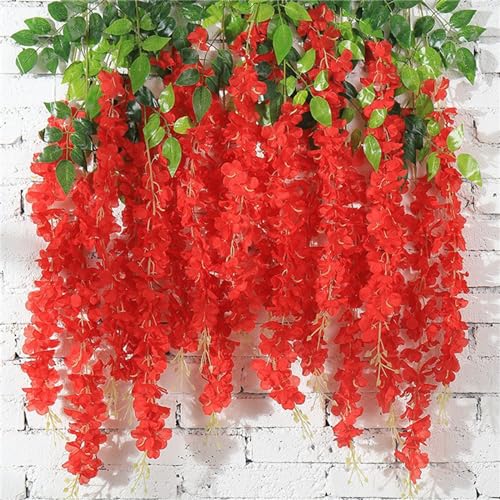 24pcs Wisteria Hanging Flowers,3.6 FT Fake Wisteria,Artificial Wisteria Hanging Flowers Wisteria Garland Arch Silk String for Wedding Garden Party Outdoor Home Wall Decoration (24pcs red)