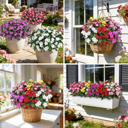 Ouddy Decor 6 Bundles Artificial Flowers for Outdoors Decorations, Fake Silk Flowers Faux Plants Plastic Bouquet UV Resistant for Porch Garden Wedding Spring Summer Indoor Outside Home Decor, Mixed - color: Multi Color