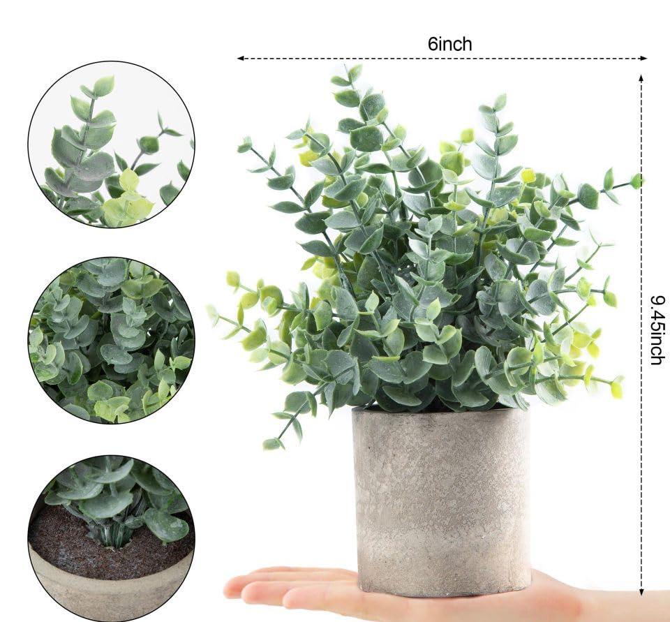 Small Artificial Eucalyptus Plant in Cement Pot, Decorative Faux Greenery for Home