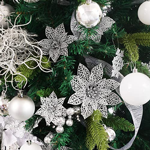 Wironlst 24 Pieces Glitter Poinsettia Flowers Christmas Tree Ornaments, Glitzy Poinsettia Bushes Christmas Decorations for Xmas/Holiday/Seasonal/Wedding (Silver) - color: Silver