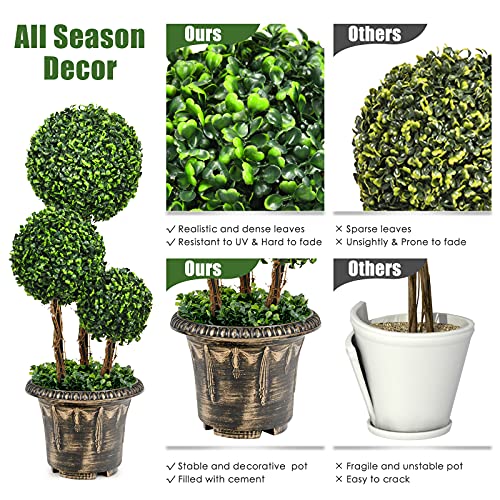 Goplus 2.5 Ft Artificial Boxwood Topiary Tree, 2 Pack Fake Greenery Plants Triple Ball Tree, Leaves & Cement-Filled Plastic Flower Pot Decorative Trees for Home, Office, Indoor and Outdoor Use - size: 2.5 Ft