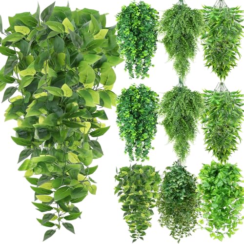 Hoteam 12 Pcs Artificial Hanging Plants 32 Inch Fake Ivy Vines with Fake Leaves Patio Artificial Plants Greenery for Living Room Indoor Outdoor Wall, No Basket (6 Style Mixed) - color: 6 Style Mixed