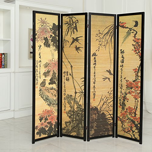 MyGift Decorative 4 Panel Folding Room Divider Bamboo Screen with Chinese Calligraphy Design, 6FT Freestanding Floral Artwork Room Partitioner with Black Wood Frame - color: Black (Floral), size: 4 Panel