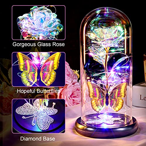 Gifts for Mom Birthday Gifts for Women Colorful Rose Eternal Flower Light Up Rose in Glass Dome with Butterfly, Galaxy Crystal Flowers Gifts for Grandma Wife Daughter Her Delivery Prime - color: Colorful