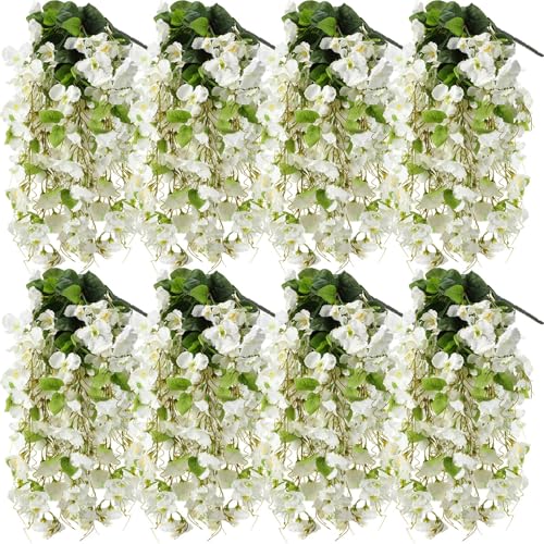 XunYee 8 Pcs Artificial Hibiscus Flowers for Outdoors Spring Summer Decor Fake Hanging Flowers Plants Uv-Resistant Faux Hibiscus Flower for Outside Porch Patio Front Door (White) - color: White