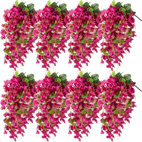 XunYee 8 Pcs Artificial Hibiscus Flowers for Outdoors Spring Summer Decor Fake Hanging Flowers Plants Uv-Resistant Faux Hibiscus Flower for Outside Porch Patio Front Door (Rose Red) - color: Rose Red