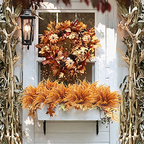 Uieke 12PCS Artificial Ferns for Outdoors, Fake Fall Boston Fern Plants UV Resistant No Fade Faux Plastic Greenery Bushes for Indoor Outside Window Box Fall Décor Autumn Orange - color: Autumn Orange-12 Bundles