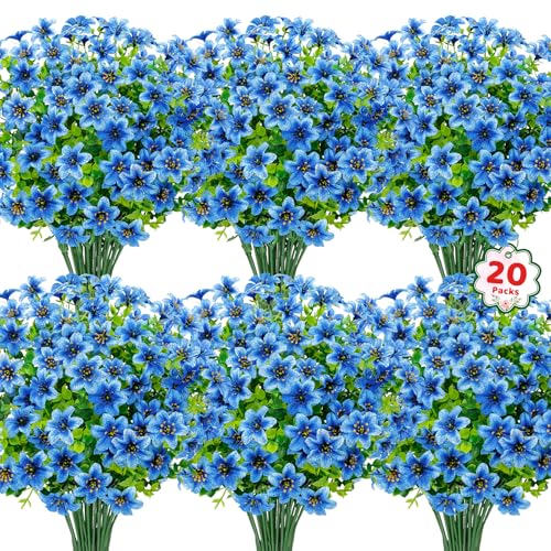 20 Bundles Artificial Flowers for Outdoors, Fake Silk Flowers UV Resistant Faux Realistic Plastic Plants for Spring Summer Porch Patio Garden Planter Window Box Home Decor, Blue - color: Blue