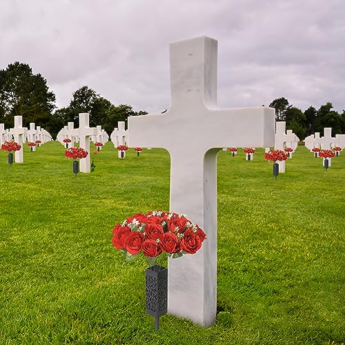18 Red Silk Artificial Cemetery Rose Flowers for Grave Decorations | Flowers for Cemetery，Memorial decorations,Grave Flowers - color: Red