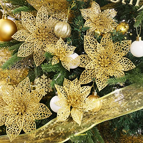 Wironlst 24 Pieces 3 Size Glitter Poinsettia Flowers Christmas Tree Ornaments, Glitzy Poinsettia Bushes Christmas Decorations for Xmas/Holiday/Seasonal/Wedding (Gold) - color: Gold