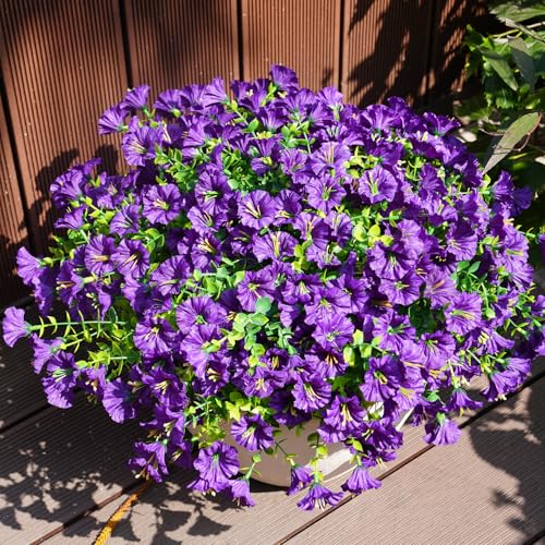 Artificial Flowers for Outdoors, UV Resistant Fake Silk Morning Glory, Realistic Faux Plants for Outside Porch Patio Window Box Hanging Planter (16, Purple) - color: Purple