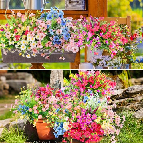 30 Bundles 12 Style Artificial Flowers for Outdoors Fake Silk Flowers UV Resistant Faux Plastic Plants for Spring Summer Garden Porch Window Box Table Vase Home Indoor Outdoor Hanging Decoration - color: Spring Flowers for Outdoors