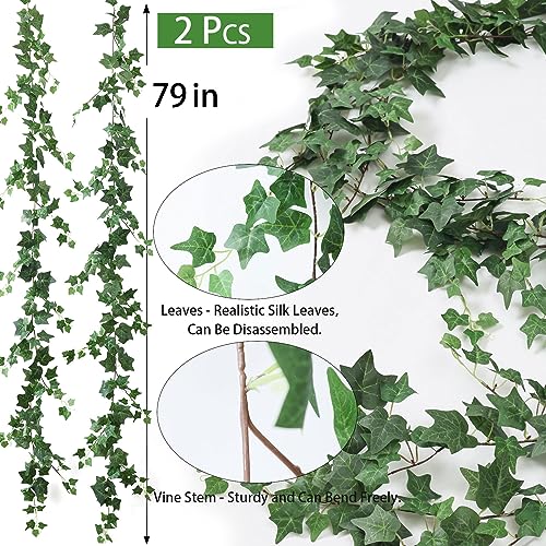 Mizii 2 Strands Artificial Vines Ivy Garland 79" Fake Vine with Silk Green Leaves Faux Hanging Plants Greenery Decoration for Outdoors Party Wedding Indoor Mantle Bedroom Home Decor (Ivy) - color: Ivy