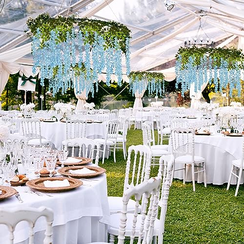 WEISPARK Wisteria Hanging Flowers - 12 Pieces 3.75 Feet/Piece Artificial Wisteria Vine Fake Ratta Hanging Garland Silk Flowers for Home Party Wedding Decor - color: Blue