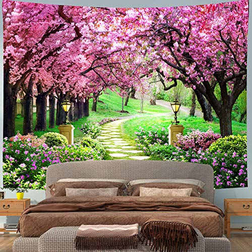 MEETSIOY Cherry Blossom Path Tapestry 80x60 Inches Park Bench Scenery Tapestry for Children Adults Room Decoration Living Room Bedroom Dormitory Wall Hanging GTLSMT45 - color: no window pattern, size: 80"L x 60"W