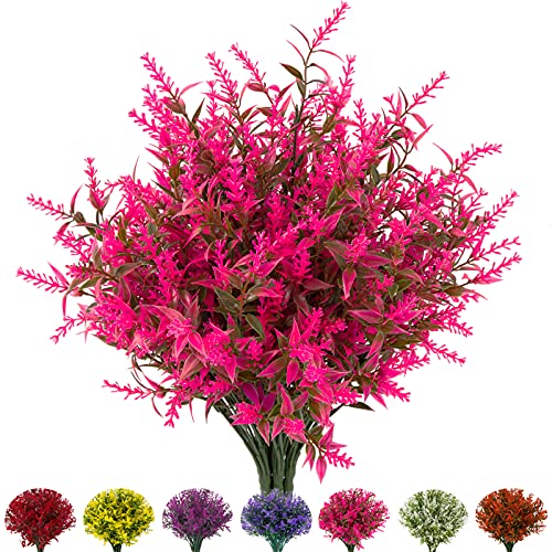 Outdoor Artificial Lavender Fake Flowers - 20 Bundles UV Resistant Outdoor Faux Plastic Flowers Plants Greenery Shrub for Indoor Outside Decoration(Pink) - color: Pink, size: 20 Bundles