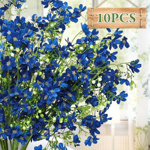 TOCHGREEN 10PCS Artificial Silk Flowers with Long Stems Faux Bulk Babys Breath Flowers Fake Silk Flowers Bouquet for Floral Arrangement Tall Vase Home Wedding Table Centerpieces Decor (Blue) - color: Blue