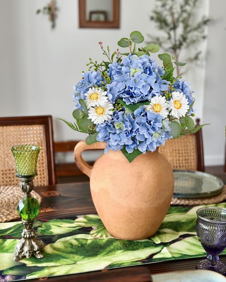 Hydrangea Artificial Flowers, 12PCS Mixed Blue Faux Flowers with Hydrangea & Daisies, Up to 16.1 Inch Long Silk Fake Flowers for Vase DIY Wedding Bouquet Party Centerpieces Arrangement Home Decor - color: Hydrangea, Blue