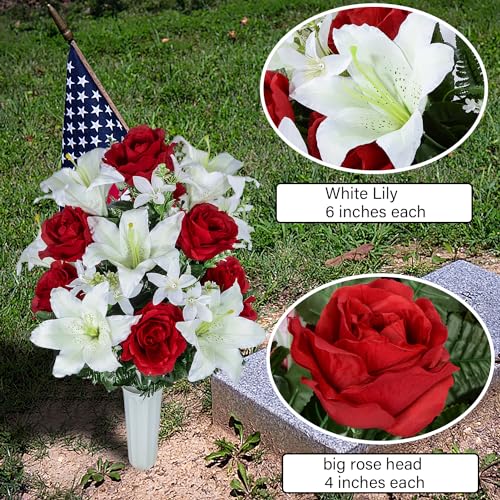 XONOR Artificial Cemetery Flower for Graves, Set of 2 Cemetery Memorial Flowers with Vase for Gravesite Outdoor Headstone Tombstone Decorations, White Lily Red Rose Flowers Bouquets - color: White