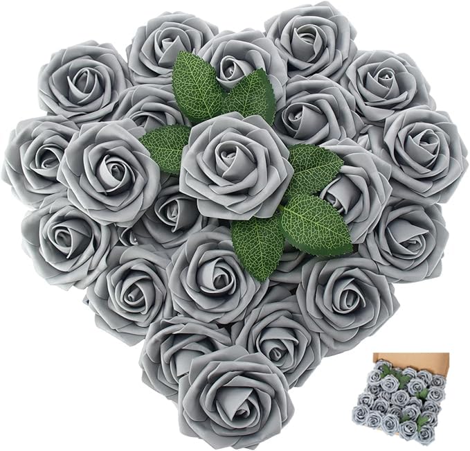 [25PCS] Grey Roses Artificial Flowers with Long Stem Real Touch Fake Foam Roses for Decoration DIY Wedding Bouquets Centerpieces Bridal Shower Mothers Day Party Flower Arrangements Home Decor - color: Grey