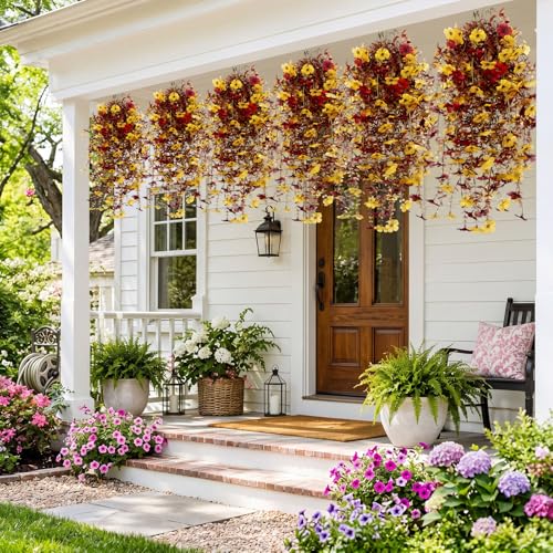 6 Pcs Fall Artificial Hanging Flowers Outdoor Faux Silk Mum Plant Decor Violet with Eucalyptus Realistic UV Resistant Trailing Vine Autumn Thanksgiving Porch Yard(Orange,Plastic Style) - color: Brown Red, style: Violet