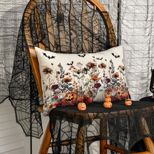 AVOIN colorlife Halloween Horror Wildflowers Throw Pillow Cover, 12 x 20 Inch Pumpkin Ghost Bat Cushion Case Decoration for Sofa Couch - size: 20" x 12" (Pack of 1)