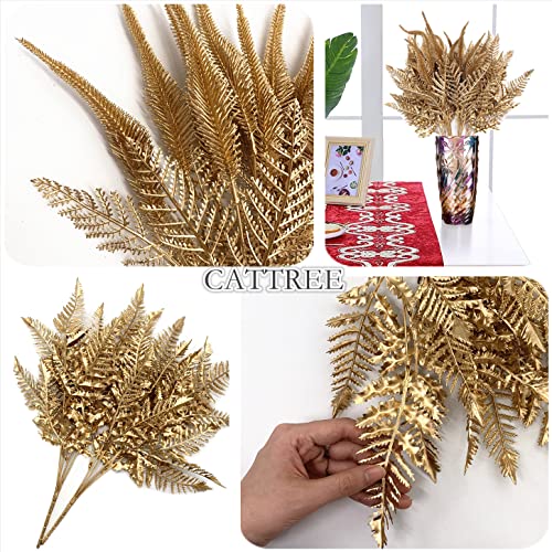 Artificial Golden Flowers Decoration, Plastic Grass Faux Boston Fake Fern Gold Leaves Simulation Setaria Bushes Home Indoor Outdoor Garden Wedding Hall Table Planter Filler DIY Christmas Decor 4 Pack - color: Gold Boston Grass 2pcs & Tail Grass 2pcs