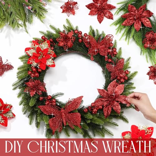 Thiccywoov 122 Pcs Christmas Glitter Poinsettia Artificial Flowers Berry Picks Butterfly Christmas Tree Ornaments 3 Styles Poinsettia kit with Clip for Xmas Wreath Home Tree Decor(Red) - color: Red