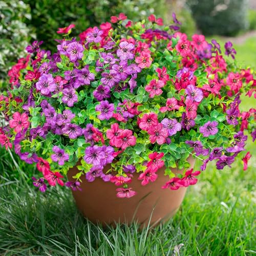 florisso Artificial Flowers for Outdoors Daisy 12 Bundles for Home Decoration, Faux Flower Fake Plants Outside Decoration with Eucalyptus UV Resistant for Planter Porch Patio Yard Garden - color: Purple Pink