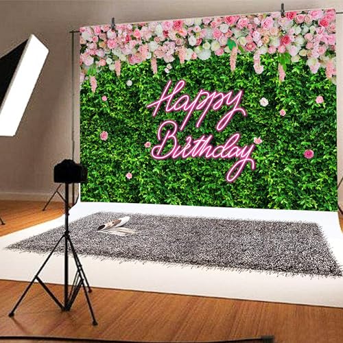 10x10 FT Happy Birthday Backdrop Large Green Grass and Flower Wall Background for Woman Men Birthday Party Decorations Banner Photo Booth Supplies Polyester - color: Grass Flower, size: 10x10 FT