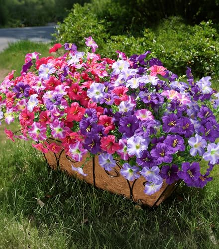 Artificial Flowers for Outdoors Fake Plants Outside Decoration, 20 Bundles Silk Petunia with Eucalyptus UV Resistant Realistic Faux Flowers for Outdoor Planters Garden Balcony Yard Porch Patio, Mix - color: 4mix(5 Purple, 5 Gradient Purple, 5 Fuchsia, 5 G