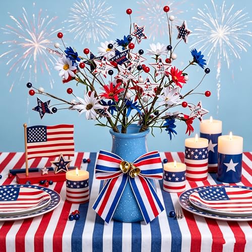 3 Pack Patriotic Artificial Berry Stem Picks: 4th of July Decorations Red White and Blue Stars Flowers Decoration for Independence Day, Home Vase Décor Table Centerpieces - color: Patriotic White Blue Red Stars