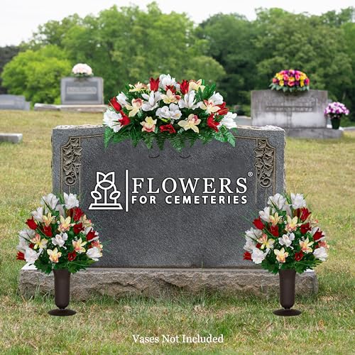 Sympathy Silks Artificial Cemetery Flowers - Grave Decoration - Red Tulips and White Iris (1) Headstone Saddle (2) Bouquets - color: Red/White, size: (1) Saddle (2) Bouquets
