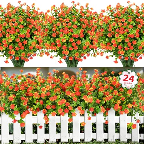 Ouddy Decor 24 Bundles Artificial Flowers for Outdoors Decoration Fake Flowers UV Resistant Faux Plastic Greenery Eucalyptus Plants for Spring Summer Garden Patio Indoor Outdoor Home Decor, Orange - color: Orange