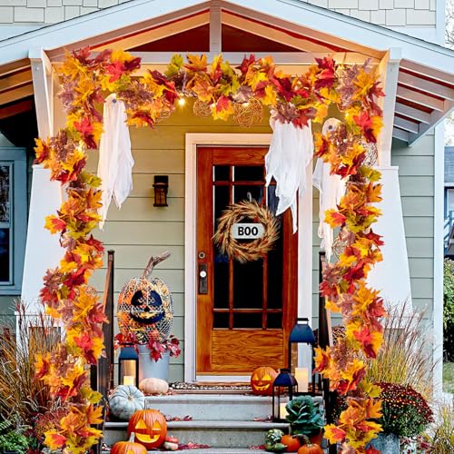 Fall Maple Leaf Garland, 2PCS Thanksgiving Artificial Hanging Fall Leave Vines, Yellow Fall Floral Garlands Halloween Autumn Decor for Home Wedding Party (11.8FT) - color: 2 Yellow