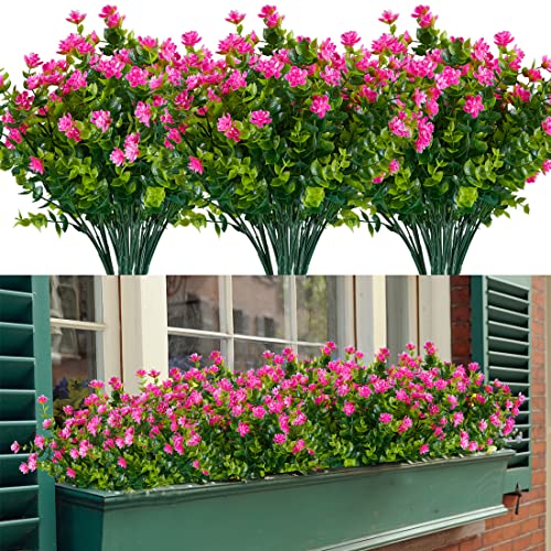 6 Bundles Artificial Flowers, Fake Artificial Greenery UV Resistant No Fade Faux Plastic Plants for Wedding Bridle Bouquet Indoor Outdoor Home Garden Kitchen Office Table Vase(Pink) - color: Pink
