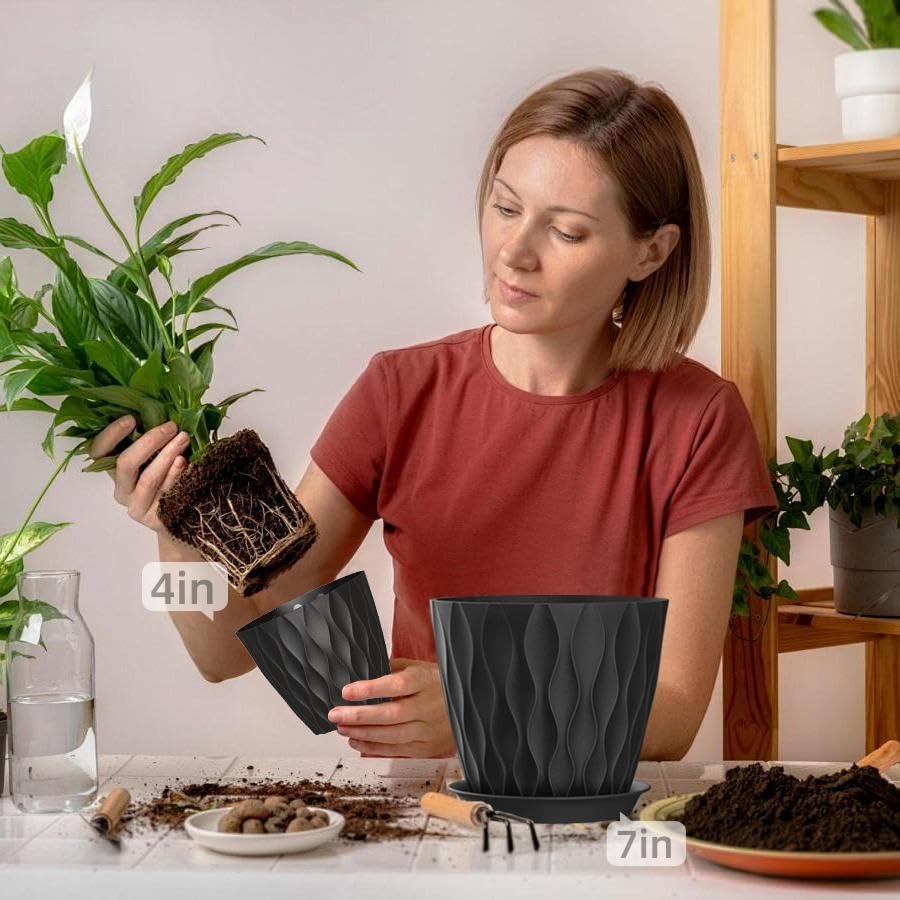4/4.5/5/5.5/6/6.5/7 Inch Plant Pots,7 Pack Flower Pots with Drainage Holes and Trays,Plastic Planters for Indoor Outdoor Plants Growth,Black - color: Black, size: 7+6.5+6+5.5+5+4.5+4inch