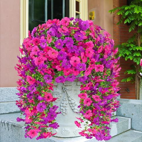 Dolicer 8 Pcs Look Real Artificial Flowers for Outdoors, Realistic Fake Artificial Hanging Flowers for Outdoors UV Resistant Silk Faux Hanging Plants Flowers for Porch Patio Garden (Purple+Fuchsia) - color: Purple+fuchsia, size: 8 Pcs