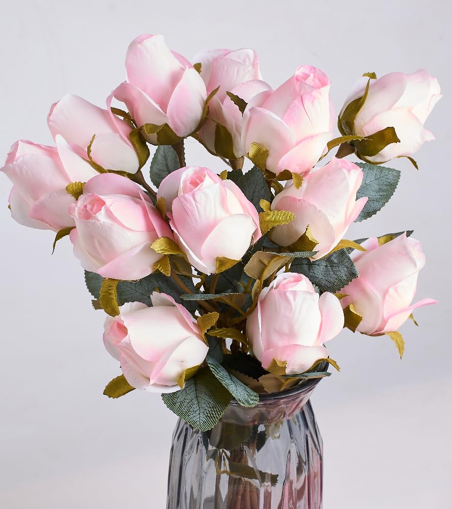 PONKING Rose Artificial Flower Buds 12pcs Realistic Faux Silk Roses Fake Flowers Bouquets Arrangements Decor for Wedding Spring Mother's Day, Home Table Decorations, Light Pink Flower - color: C 12pcs Light Pink Rose