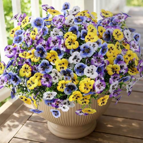 Alupssuc 24 Bundles Artificial Flowers for Outdoors, Fake Spring Flowers for Decoration, UV Resistant Realistic Pansies with Eucalyptus Silk Faux Flowers for Porch Patio Yard, 4 Mix Colors - color: Gradient Purple, Gradient Blue, Yellow, White