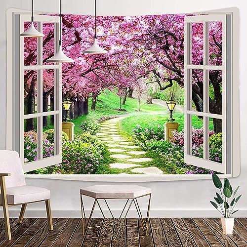 MEETSIOY Japanese Cherry Blossom Window Tapestry, 80x60 Inches, Pink Flowers, Botanical Floral Natural Landscape, Aesthetic Home Decor for Living Room, Bedroom, Nursery - color: Wiht window pattern, size: 80"L x 60"W