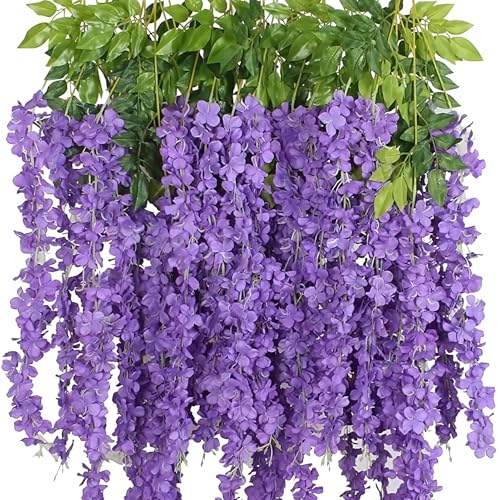 12 Pack Wisteria Flower Vines Garland, 3.75 Ft Artificial Flower Strings, Fake Hanging Flowers, Silk Wisteria Garland Flowers, Flower Vine for Wedding Garden Decor (Purple Blue) - color: Purple Blue
