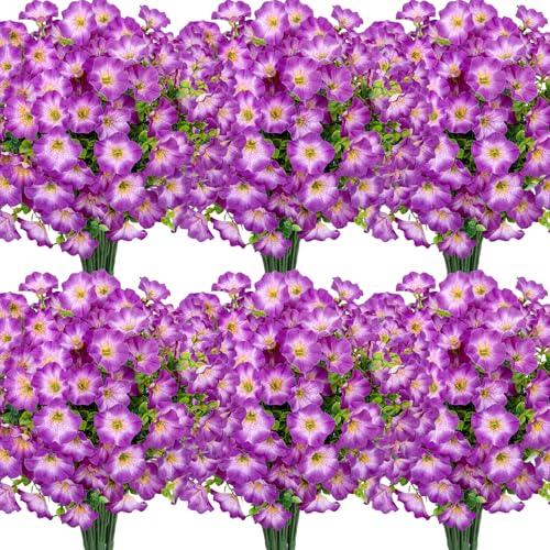 Roberly 12 Bundles Artificial Flowers for Outdoors, Fake Flowers Silk Morning Glory with Eucalyptus UV Resistant Faux Plants for Spring Summer Garden Outside Porch Patio Yard Home Decor, Fuchsia - color: Fuchsia