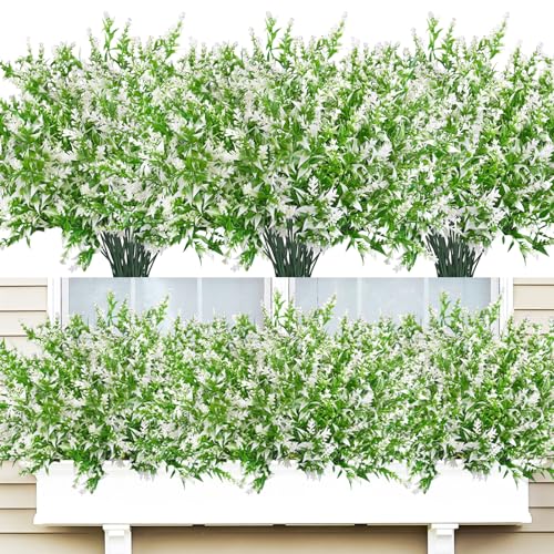 42 Pcs Fake Lavender Flowers Outdoor UV Resistant Faux Plastic Lavender Flowers No Fade Artificial Lavender Purple Plants for Outside Garden Porch Window Box Hanging Planter Decor (White) - color: White, size: 42 Pcs