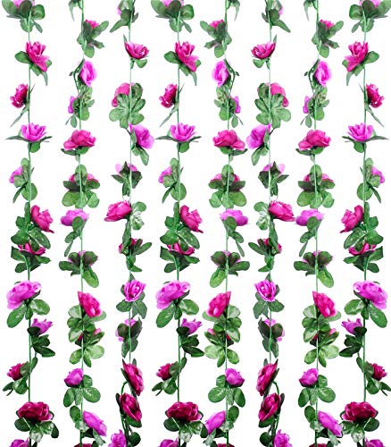 Miracliy 8Pcs 66FT Purple Flower Garland, Artificial Rose Floral Vines Fake Hanging Spring Flower Garland for Wall Backdrop Wedding Arch Tea Party Door Mantle Decoration - color: Purple-8pcs